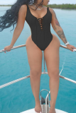 Black Sexy Solid Hollowed Out Draw String Swimwears