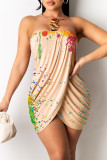 Khaki Fashion Sexy Print Backless Strapless Irregular Dress