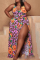 Fuchsia Sexy Print High Opening Irregular Dress Plus Size Dresses