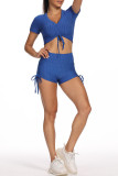 Blue Casual Sportswear Solid Draw String V Neck Short Sleeve Two Pieces