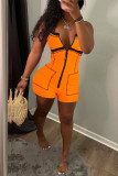 Orange Fashion Sexy Solid Patchwork Backless Strapless Skinny Romper