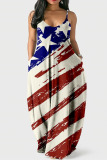 Cream White American Flag Stars Street Print O Neck Sleeveless Floor Length Lantern Skirt Colorblock Loose Cami Maxi Dress
