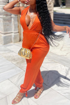 Tangerine Red Sexy Solid Split Joint V Neck Harlan Jumpsuits