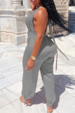 Grey Sexy Solid Patchwork V Neck Harlan Jumpsuits