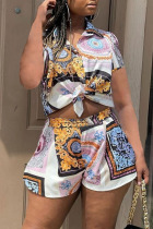 Black And White British Style Print Patchwork Turndown Collar Short Sleeve Two Pieces