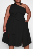 Black Casual Solid Patchwork One Shoulder Irregular Dress Plus Size Dresses