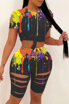 Black Casual Patchwork Tie-dye O Neck Short Sleeve Two Pieces