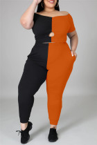 Orange Fashion Casual Patchwork Hollowed Out Off the Shoulder Plus Size Two Pieces