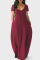 Burgundy Casual Solid Split Joint Pocket V Neck Short Sleeve Dress Dresses