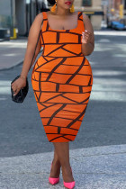 Orange Fashion Sexy Print Slit U Neck Vest Dress