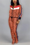 Red Autumn And Winter Ladies Snake Print Long Sleeve Sports Two Piece Suit