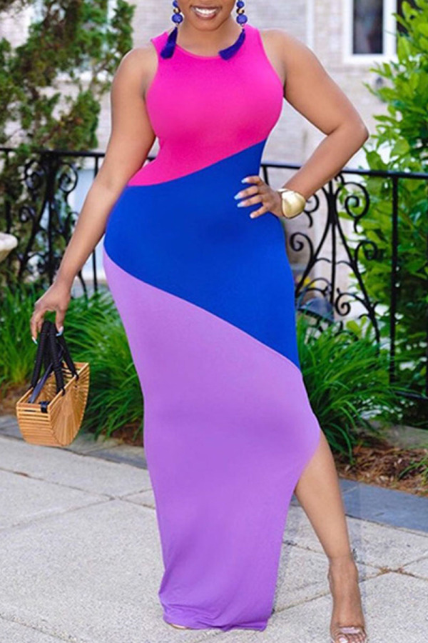 Purple Casual Color Lump Print Patchwork Cardigan O Neck Vest Dress Plus Size Dresses