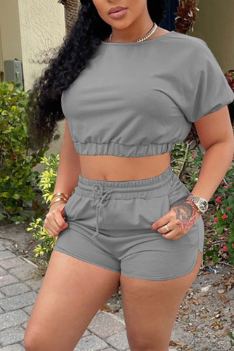 Grey Casual Solid Patchwork O Neck Short Sleeve Two Pieces