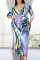 Multicolor Fashion Casual Plus Size Print Basic V Neck Dress