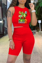 Red Fashion Casual Print Vests O Neck Sleeveless Two Pieces