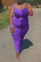 Purple Sexy Casual Plus Size Solid Split Joint Spaghetti Strap Sleeveless Dress