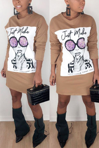 Khaki Casual Fashion adult Cap Sleeve Long Sleeves O neck Step Skirt Mini Print Long Sleeve Dre