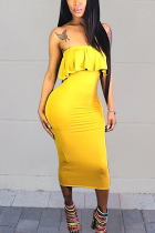 Yellow Sexy Flounce Strapless Dress