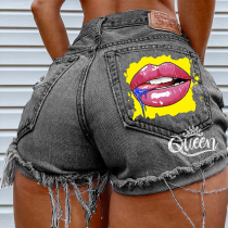 Grey Casual Print Ripped Buckle Mid Waist Skinny Denim Shorts