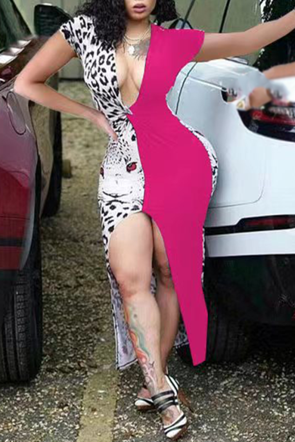 Pink Sexy Leopard Patchwork V Neck Irregular Dress Dresses
