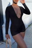 Black Sexy Casual Solid Hollowed Out V Neck Skinny Romper