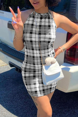 Grey Casual Plaid Solid Patchwork Frenulum Halter A Line Dresses