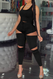 Black Fashion Casual Solid Hollowed Out U Neck Sleeveless Two Pieces