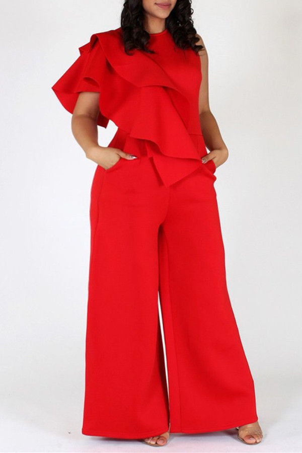 Red Fashion Casual Solid Patchwork O Neck Plus Size Jumpsuits