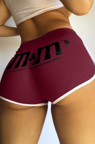 Burgundy Casual Sportswear Letter Print Basic Regular Mid Waist Shorts