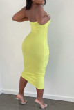 Yellow Fashion Sexy Solid Hollowed Out Backless Strapless Sleeveless Dress
