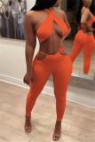 Orange Fashion Sexy Solid Backless Halter Sleeveless Two Pieces