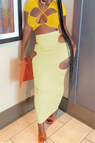 Yellow Fashion Sexy Solid Hollowed Out V Neck Short Sleeve Two Pieces