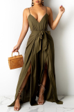Army Green Fashion Sexy Solid Backless Slit Spaghetti Strap Regular Jumpsuits