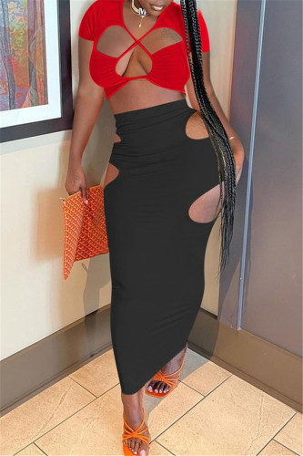 Red Black Fashion Sexy Solid Hollowed Out V Neck Short Sleeve Two Pieces