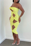 Yellow Fashion Sexy Solid Hollowed Out Backless Strapless Sleeveless Dress