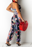 Multicolor Fashion Sexy Print Hollowed Out Backless Halter Regular Jumpsuits