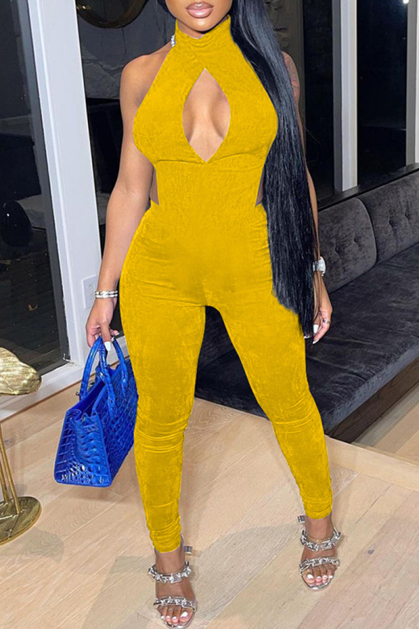Yellow Fashion Sexy Solid Hollowed Out Backless Turtleneck Skinny Jumpsuits
