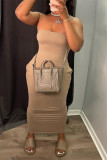Brown Sexy Casual Solid Backless Strapless Sleeveless Dress
