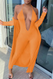 Orange Fashion Sexy Solid Cardigan V Neck Long Sleeve Two Pieces