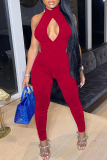 Burgundy Fashion Sexy Solid Hollowed Out Backless Turtleneck Skinny Jumpsuits