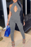 Grey Fashion Sexy Solid Hollowed Out Backless Turtleneck Skinny Jumpsuits