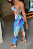 Blue Sexy Print Patchwork Strapless Skinny Jumpsuits