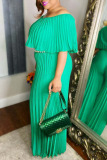 Green Casual Solid Patchwork Fold Off the Shoulder Plus Size Jumpsuits