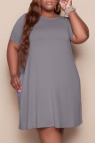 Grey Fashion Casual Plus Size Solid Basic O Neck Short Sleeve Dress