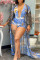 Blue Fashion Sexy Print Cardigan Swimwears Three-piece Set