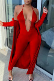 Red Fashion Sexy Solid Cardigan V Neck Long Sleeve Two Pieces