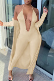 Apricot Fashion Sexy Solid Cardigan V Neck Long Sleeve Two Pieces
