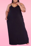Black Sexy Casual Plus Size Solid Backless Spaghetti Strap Sleeveless Dress