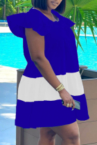 Royal Blue Casual Patchwork Flounce O Neck Short Sleeve Dress
