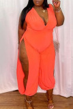 Orange Sexy Solid Patchwork High Opening V Neck Plus Size Jumpsuits